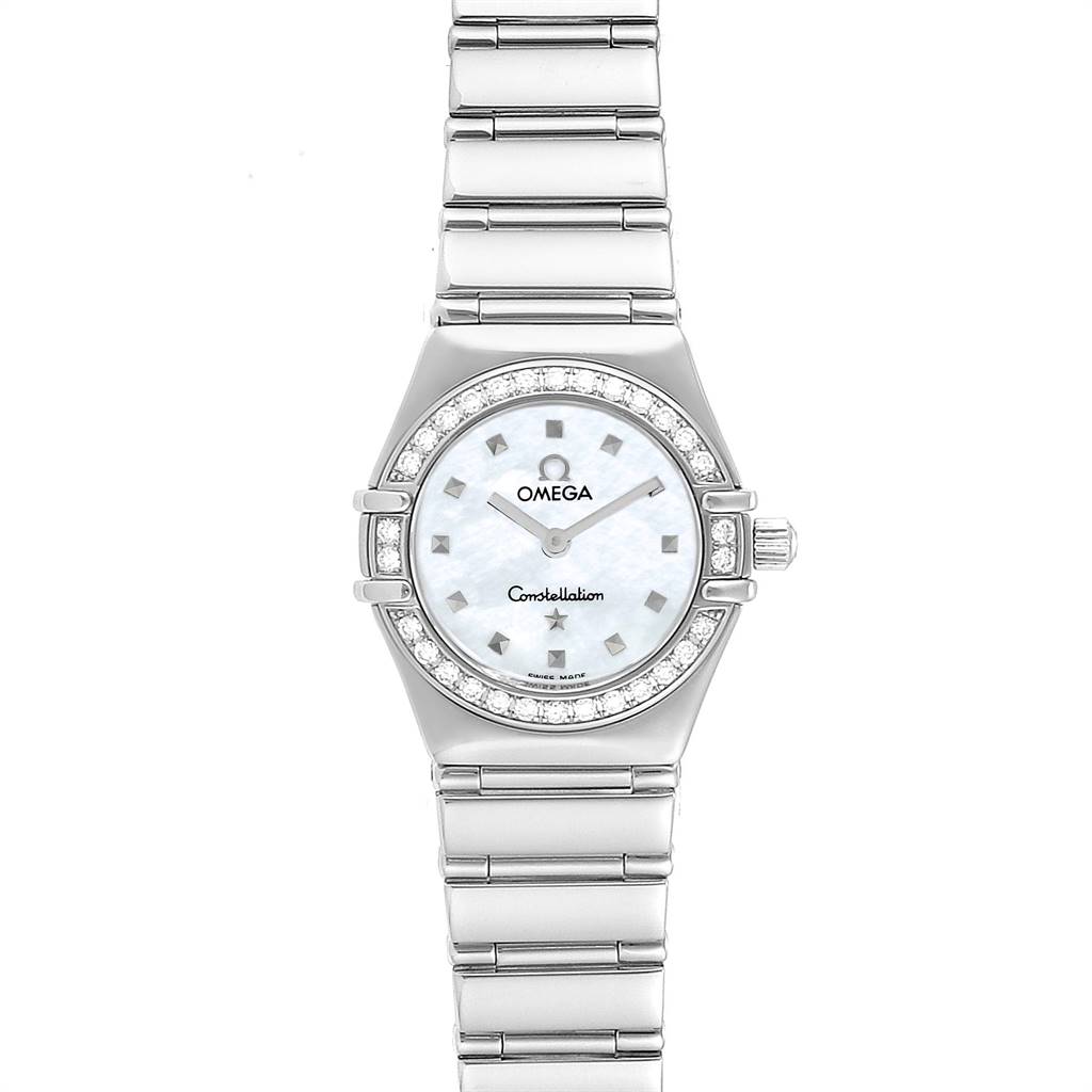 The image shows a front view of the Omega 1465.71.00 Women's Stainless Steel Mother of Pearl Dial 1465.71.00 Women's Stainless Steel Mother of Pearl Dial Constellation My Choice Mini Diamond Steel Watch 1465.71.00, displaying its dial, bezel, and bracelet.