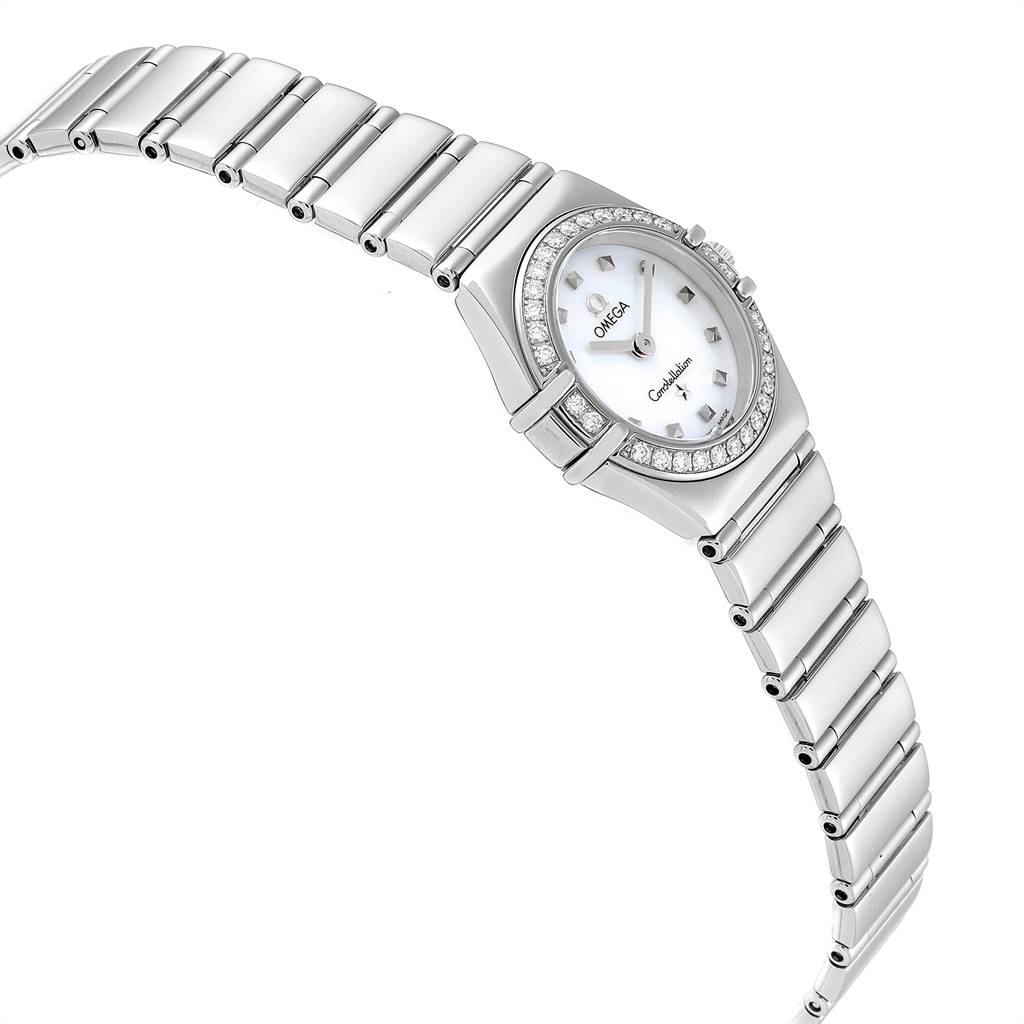 The Omega 1465.71.00 Women's Stainless Steel Mother of Pearl Dial 1465.71.00 Women's Stainless Steel Mother of Pearl Dial Constellation My Choice Mini Diamond Steel Watch 1465.71.00 is shown from a slightly angled side view, highlighting the band and diamond-set bezel.