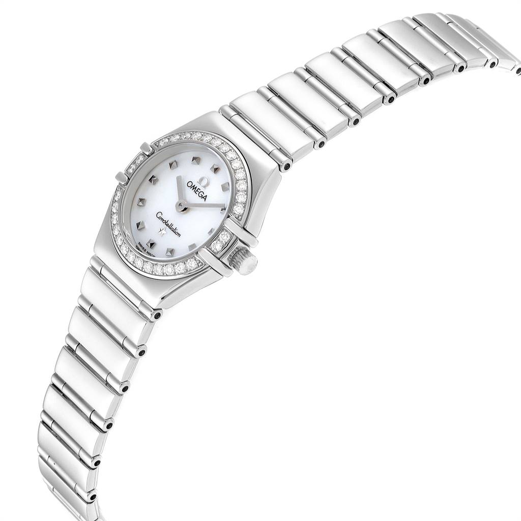 The Omega 1465.71.00 Women's Stainless Steel Mother of Pearl Dial 1465.71.00 Women's Stainless Steel Mother of Pearl Dial Constellation My Choice Mini Diamond Steel Watch 1465.71.00 is shown at a slight angle displaying its face, bracelet, and diamond bezel.