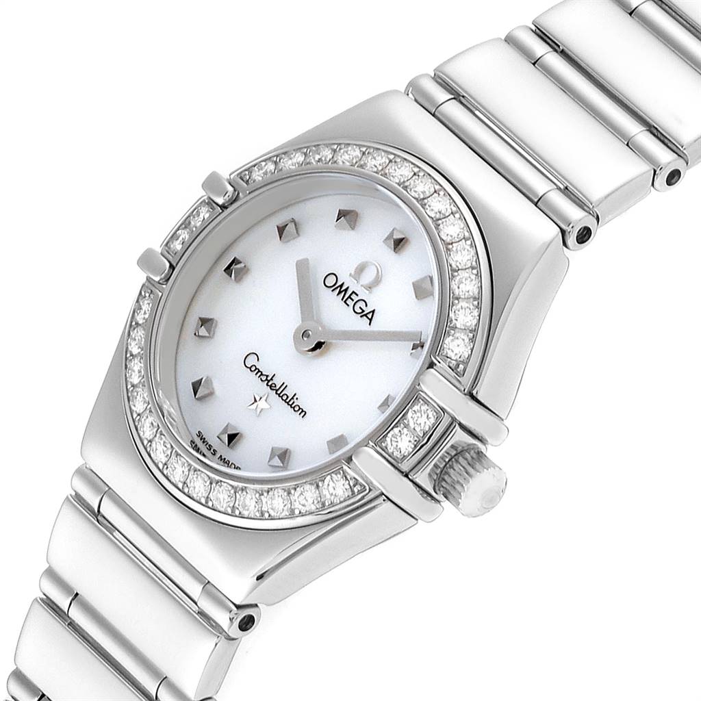 This image shows the face and part of the bracelet of the Omega 1465.71.00 Women's Stainless Steel Mother of Pearl Dial 1465.71.00 Women's Stainless Steel Mother of Pearl Dial Constellation My Choice Mini Diamond Steel Watch 1465.71.00.