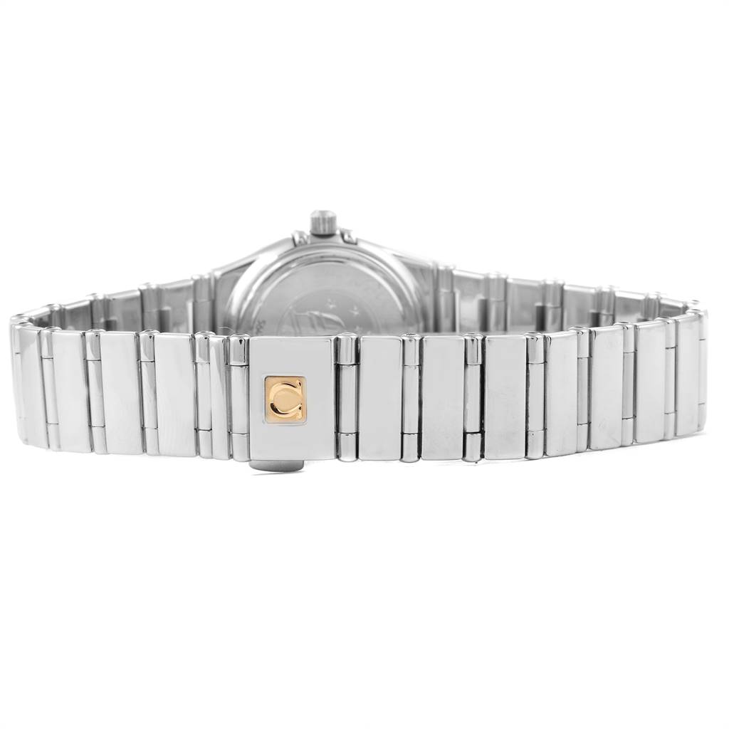 The image shows the back view of an Omega 1465.71.00 Women's Stainless Steel Mother of Pearl Dial 1465.71.00 Women's Stainless Steel Mother of Pearl Dial Constellation My Choice Mini Diamond Steel Watch 1465.71.00, focusing on the bracelet and clasp.