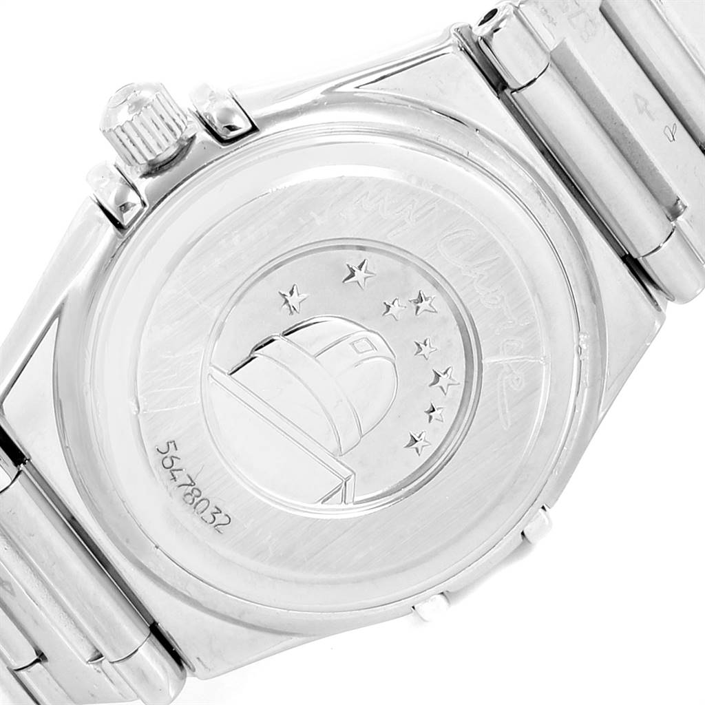 This image shows the back case and bracelet of the Omega 1465.71.00 Women's Stainless Steel Mother of Pearl Dial 1465.71.00 Women's Stainless Steel Mother of Pearl Dial Constellation My Choice Mini Diamond Steel Watch 1465.71.00.