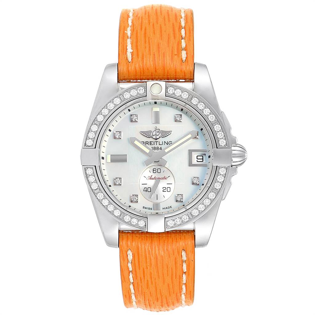 The Breitling A37330 Women's Stainless Steel Mother of Pearl Dial A37330 Women's Stainless Steel Mother of Pearl Dial Galactic 36 Orange Strap MOP Steel Diamond Ladies Watch A37330 is shown from the front, highlighting the face, bezel, and strap.