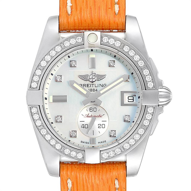 Breitling Galactic 36 Orange Strap MOP Steel Diamond Ladies Watch A37330 SwissWatchExpo