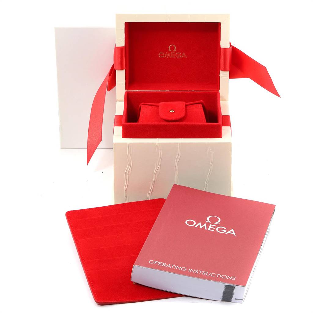 Omega 1267.30.00 Women's Steel and Gold (two tone) Silver Dial 1267.30.00 Women's Steel and Gold (two tone) Silver Dial Constellation 95 packaging and accessories feature an open box, red interior, watch case, and operating instructions.