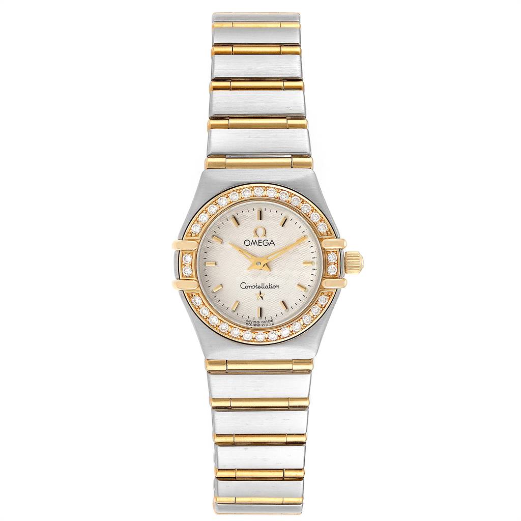 The Omega 1267.30.00 Women's Steel and Gold (two tone) Silver Dial 1267.30.00 Women's Steel and Gold (two tone) Silver Dial Constellation 95 1267.30.00 watch is shown from a top-down angle, displaying the dial, bezel, and bracelet.
