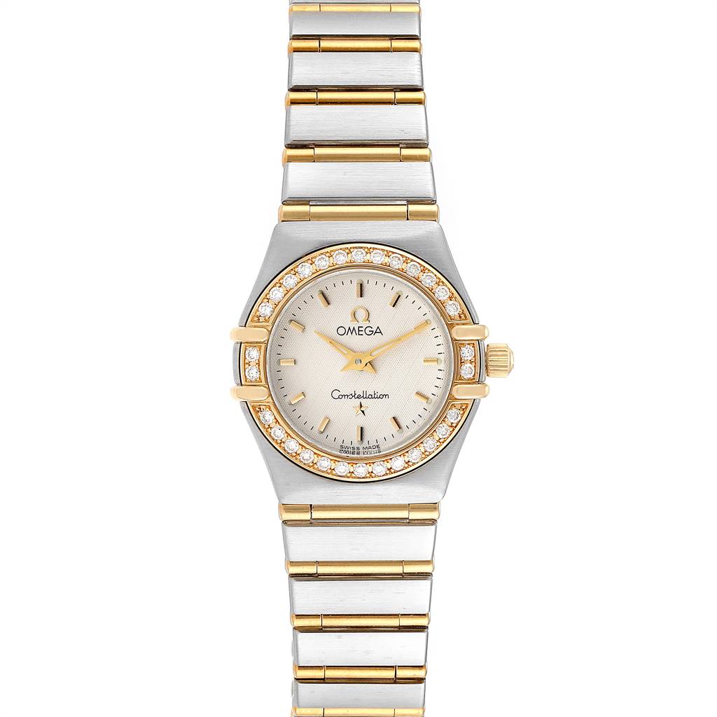 The image shows a frontal view of the Omega 1267.30.00 Women's Steel and Gold (two tone) Silver Dial 1267.30.00 Women's Steel and Gold (two tone) Silver Dial Constellation 95 model 1267.30.00, highlighting its steel and yellow gold bracelet and diamond bezel.