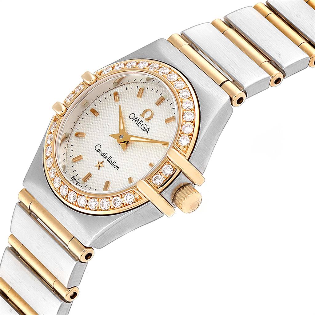 The image shows a close-up angle of the Omega 1267.30.00 Women's Steel and Gold (two tone) Silver Dial 1267.30.00 Women's Steel and Gold (two tone) Silver Dial Constellation 95 Steel Yellow Gold Diamond Ladies Watch model 1267.30.00, highlighting the face and bracelet.