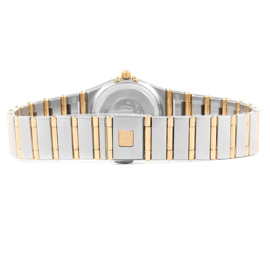 The image shows the back view of an Omega 1267.30.00 Women's Steel and Gold (two tone) Silver Dial 1267.30.00 Women's Steel and Gold (two tone) Silver Dial Constellation 95 Steel Yellow Gold Diamond Ladies Watch model 1267.30.00, highlighting its bracelet and clasp.