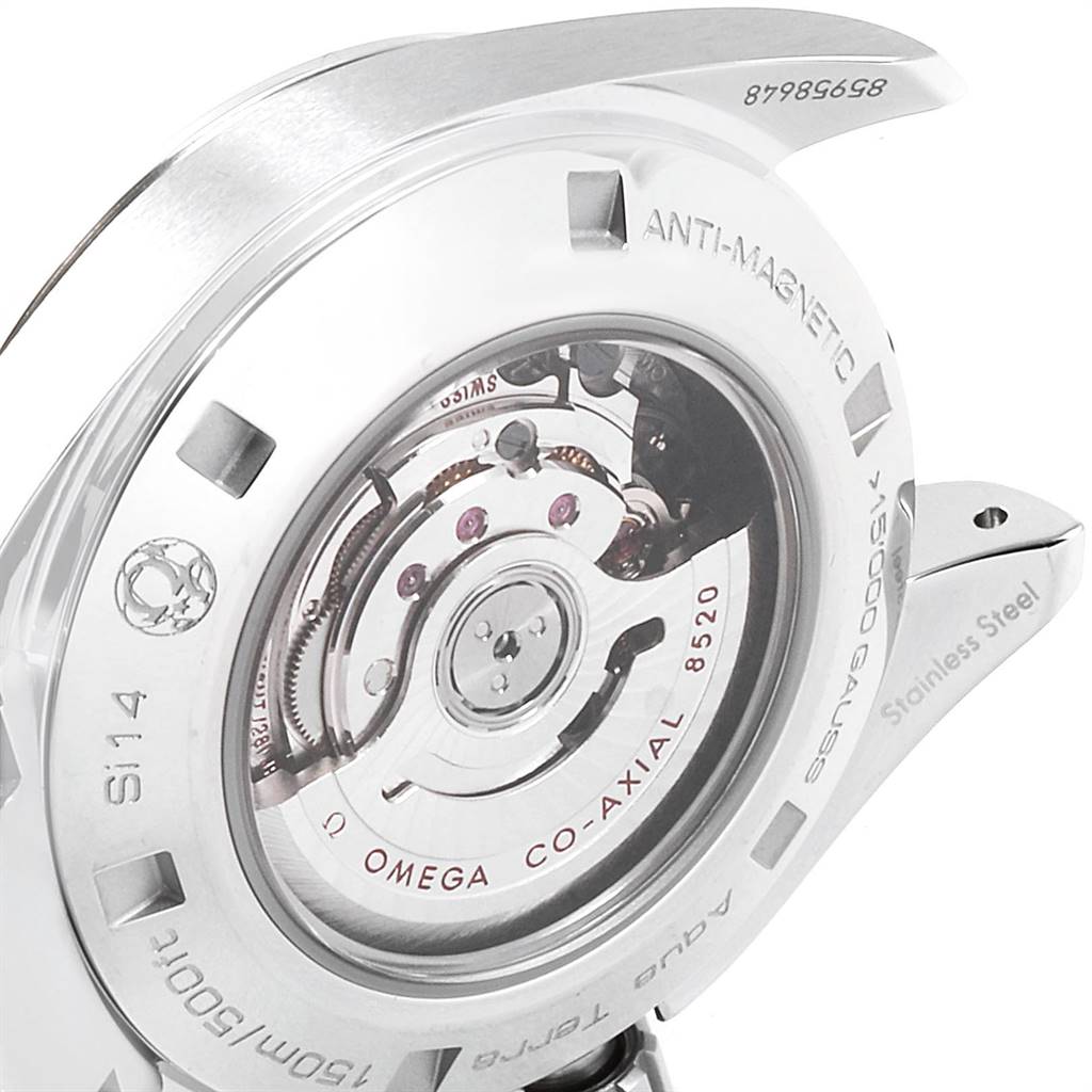 The image shows the back view of the Omega 231.15.34.20.55.002 Women's Stainless Steel Mother of Pearl Dial 231.15.34.20.55.002 Women's Stainless Steel Mother of Pearl Dial Aqua Terra 34 Steel Diamond Ladies Watch's movement and inner mechanism.