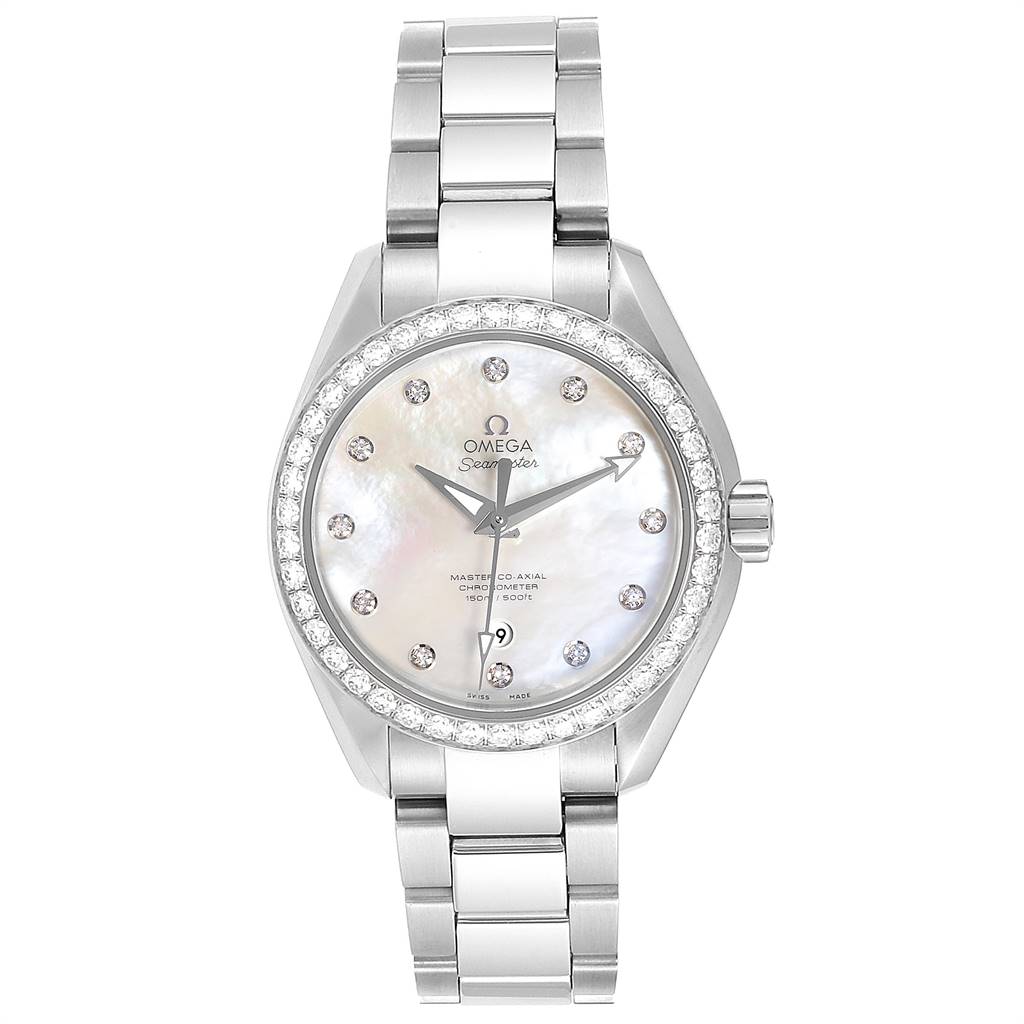 The image shows a front view of the Omega 231.15.34.20.55.002 Women's Stainless Steel Mother of Pearl Dial 231.15.34.20.55.002 Women's Stainless Steel Mother of Pearl Dial Aqua Terra 34 Steel Diamond Ladies Watch 231.15.34.20.55.002 with a diamond bezel and steel bracelet.