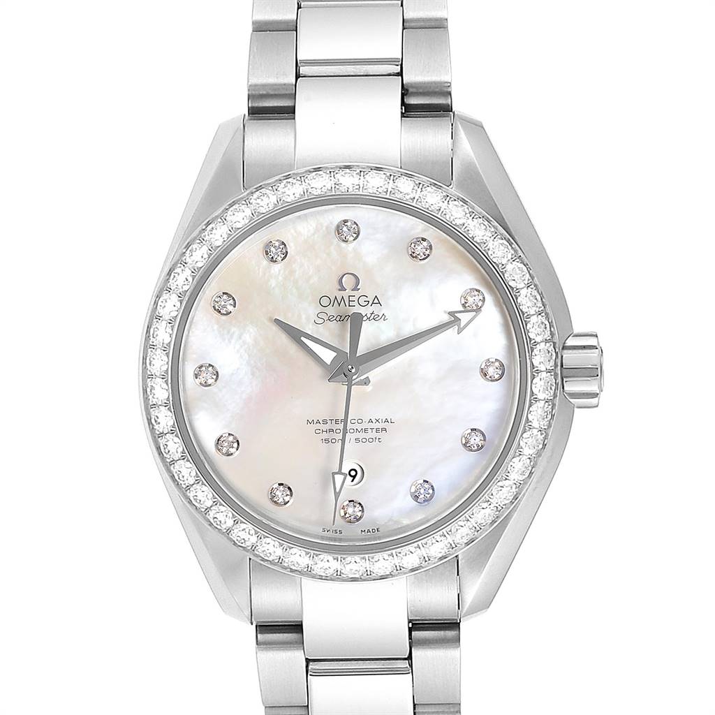 The Omega 231.15.34.20.55.002 Women's Stainless Steel Mother of Pearl Dial 231.15.34.20.55.002 Women's Stainless Steel Mother of Pearl Dial Aqua Terra 34 Steel Diamond Ladies Watch 231.15.34.20.55.002 is shown from a frontal angle, displaying the face, bezel, and bracelet.