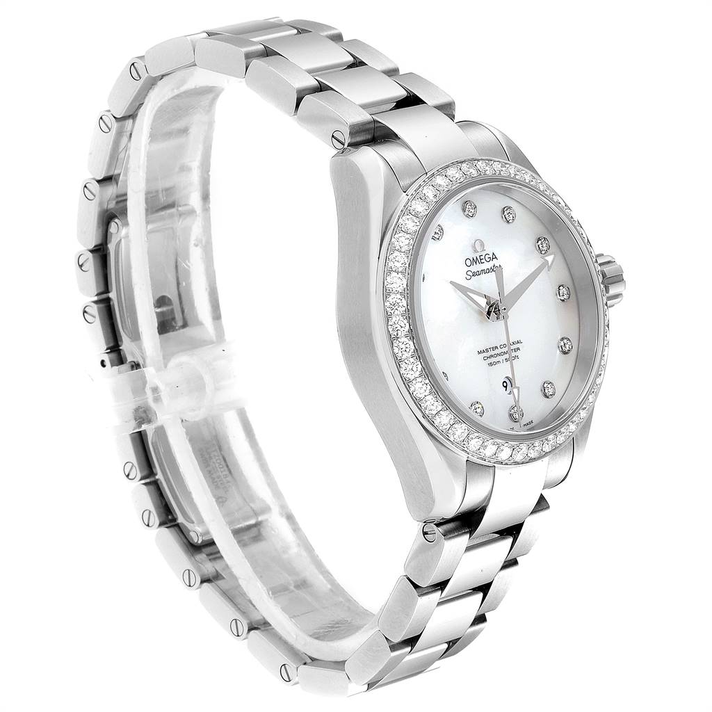 The image shows a side angle of the Omega 231.15.34.20.55.002 Women's Stainless Steel Mother of Pearl Dial 231.15.34.20.55.002 Women's Stainless Steel Mother of Pearl Dial Aqua Terra 34 Steel Diamond Ladies Watch 231.15.34.20.55.002, highlighting the bracelet and bezel.