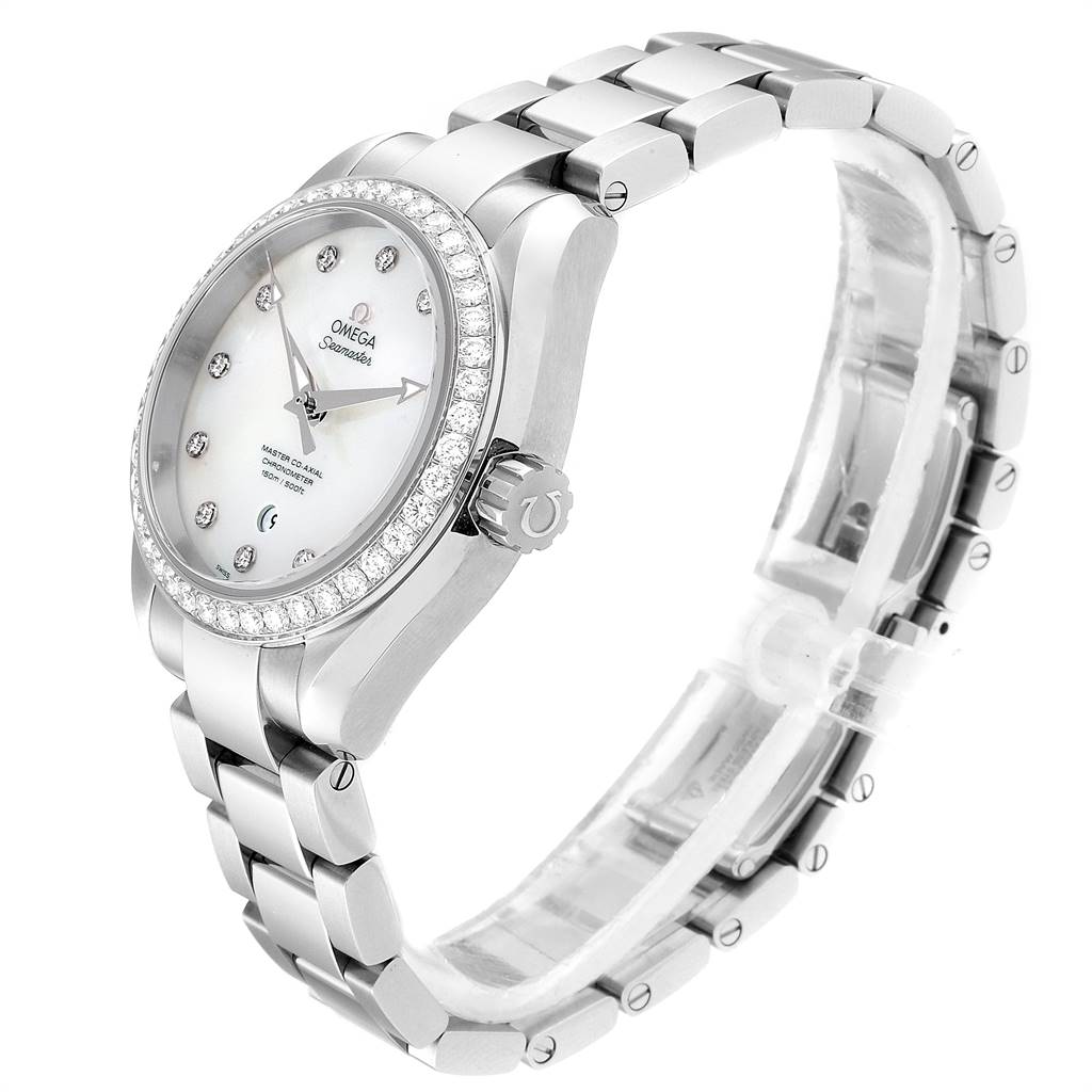 The image shows a side angle view of the Omega 231.15.34.20.55.002 Women's Stainless Steel Mother of Pearl Dial 231.15.34.20.55.002 Women's Stainless Steel Mother of Pearl Dial Aqua Terra 34 Steel Diamond Ladies Watch, highlighting its bracelet, bezel, and crown.