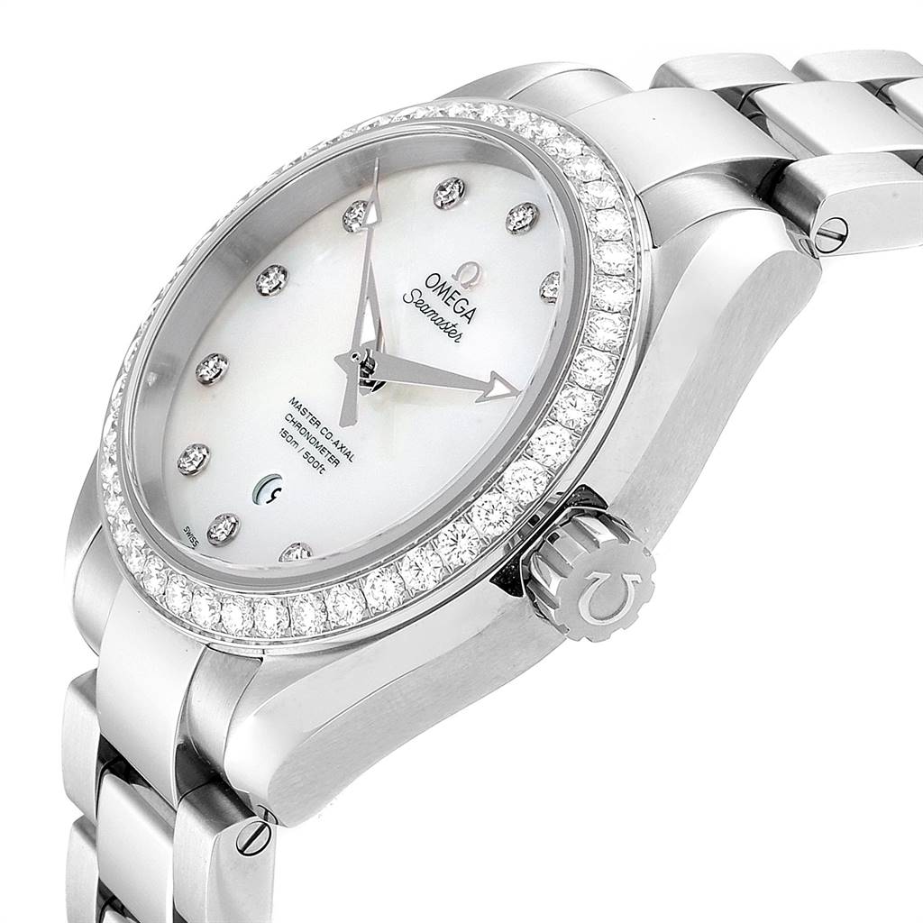 The image shows an angled side view of the Omega 231.15.34.20.55.002 Women's Stainless Steel Mother of Pearl Dial 231.15.34.20.55.002 Women's Stainless Steel Mother of Pearl Dial Aqua Terra 34 Steel Diamond Ladies Watch 231.15.34.20.55.002, highlighting the dial and diamond bezel.