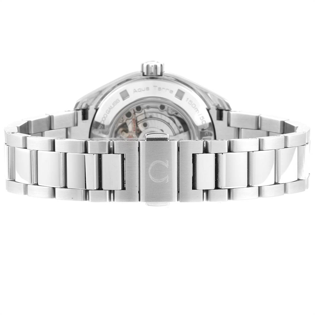 This image shows the back view of the Omega 231.15.34.20.55.002 Women's Stainless Steel Mother of Pearl Dial 231.15.34.20.55.002 Women's Stainless Steel Mother of Pearl Dial Aqua Terra 34 Steel Diamond Ladies Watch 231.15.34.20.55.002, highlighting its bracelet and clasp.