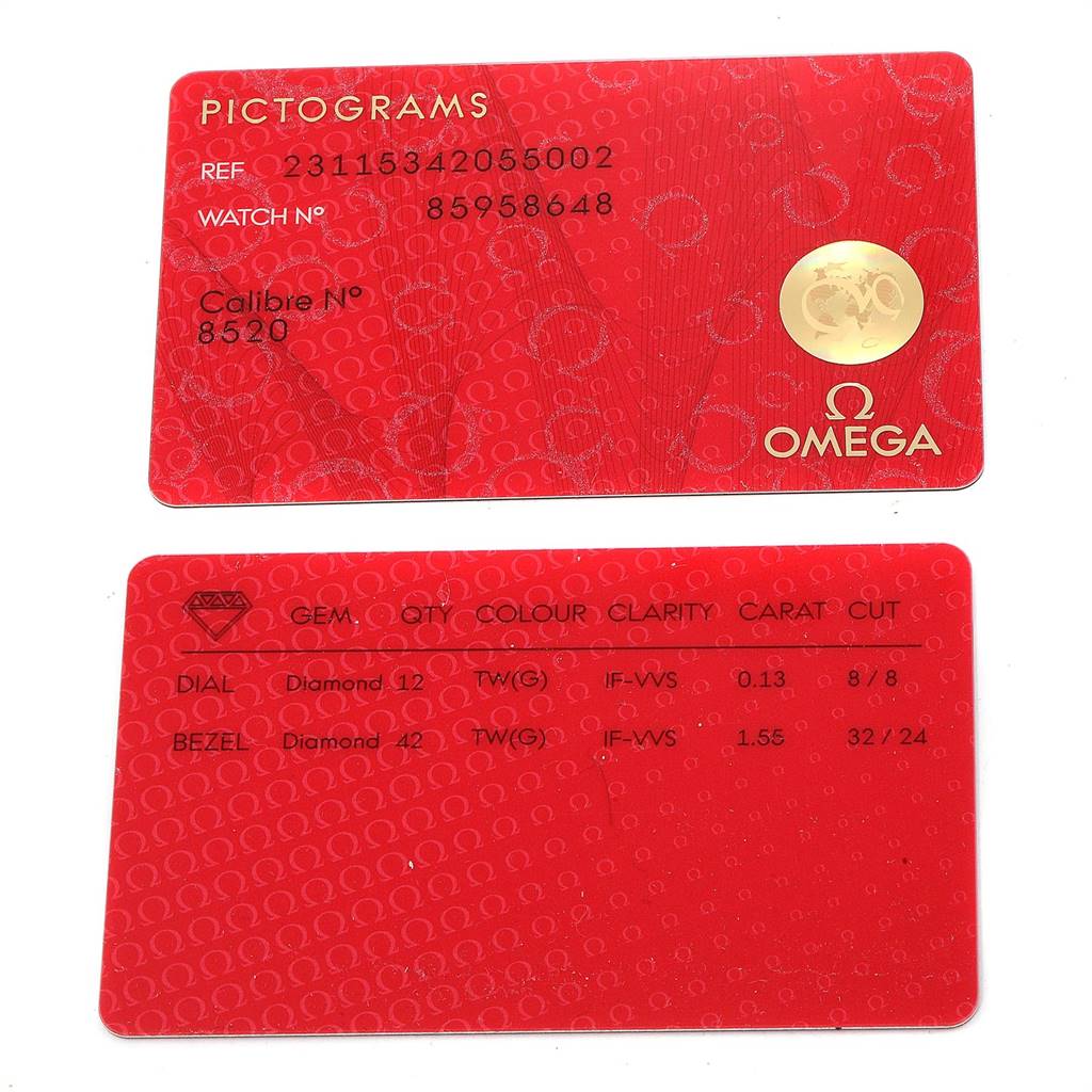 The image shows the Pictograms and Gemology cards for the Omega 231.15.34.20.55.002 Women's Stainless Steel Mother of Pearl Dial 231.15.34.20.55.002 Women's Stainless Steel Mother of Pearl Dial Aqua Terra 34 Steel Diamond Ladies Watch 231.15.34.20.55.002.