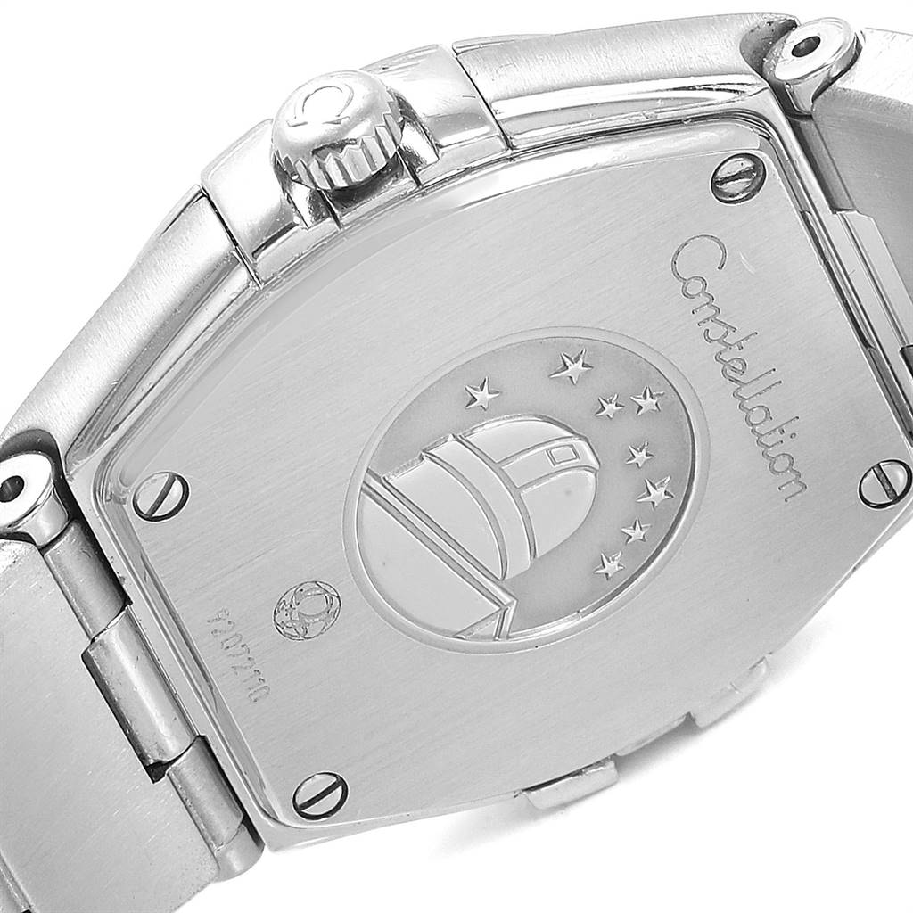 The image shows the back case and bracelet of the Omega 123.15.24.60.57.001 Women's Stainless Steel Mother of Pearl Dial 123.15.24.60.57.001 Women's Stainless Steel Mother of Pearl Dial Constellation Quartz 24 MOP Diamond Watch 123.15.24.60.57.001.