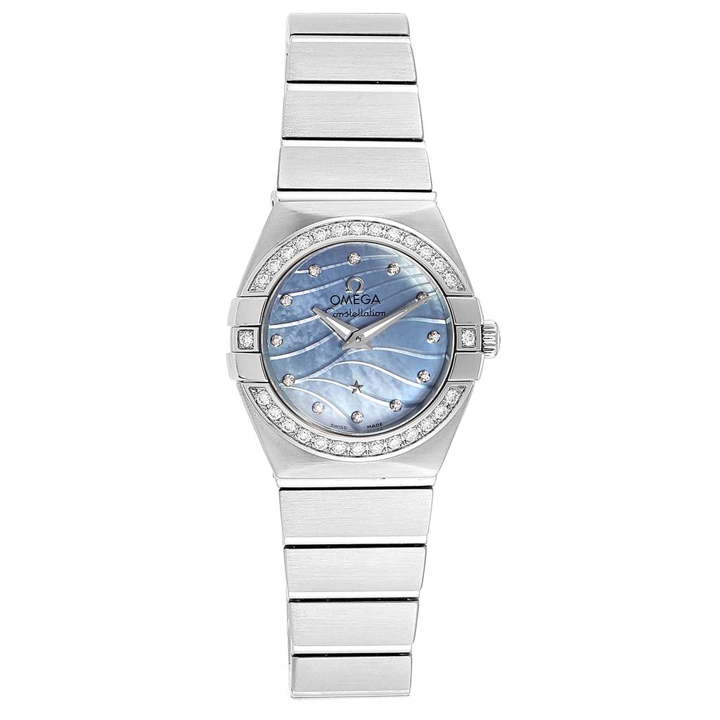 The Omega 123.15.24.60.57.001 Women's Stainless Steel Mother of Pearl Dial 123.15.24.60.57.001 Women's Stainless Steel Mother of Pearl Dial Constellation Quartz 24 MOP Diamond Watch 123.15.24.60.57.001 is shown from a top-down angle displaying its face and bracelet.