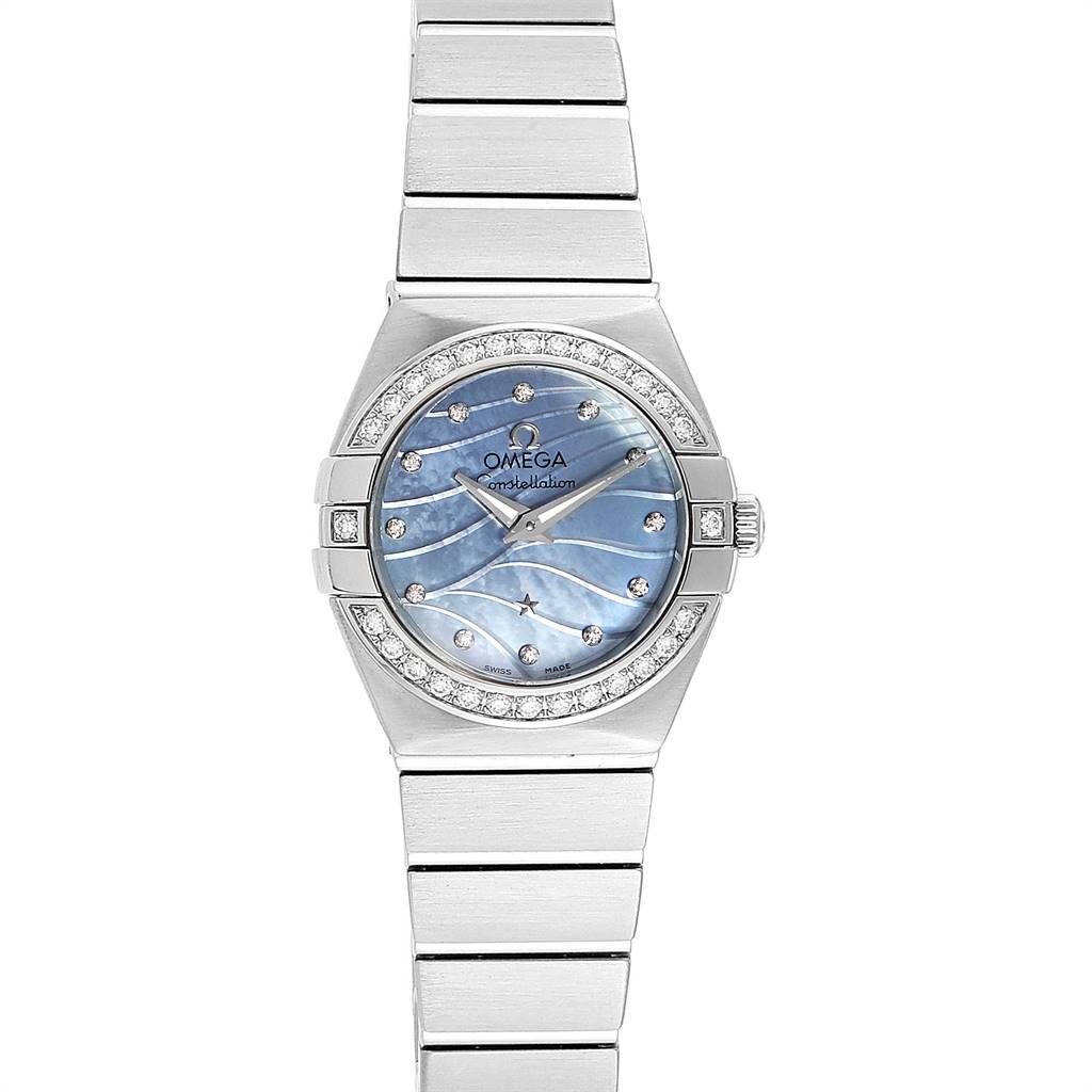 The image shows a front view of the Omega 123.15.24.60.57.001 Women's Stainless Steel Mother of Pearl Dial 123.15.24.60.57.001 Women's Stainless Steel Mother of Pearl Dial Constellation Quartz 24 MOP Diamond Watch 123.15.24.60.57.001, highlighting its face and bracelet.