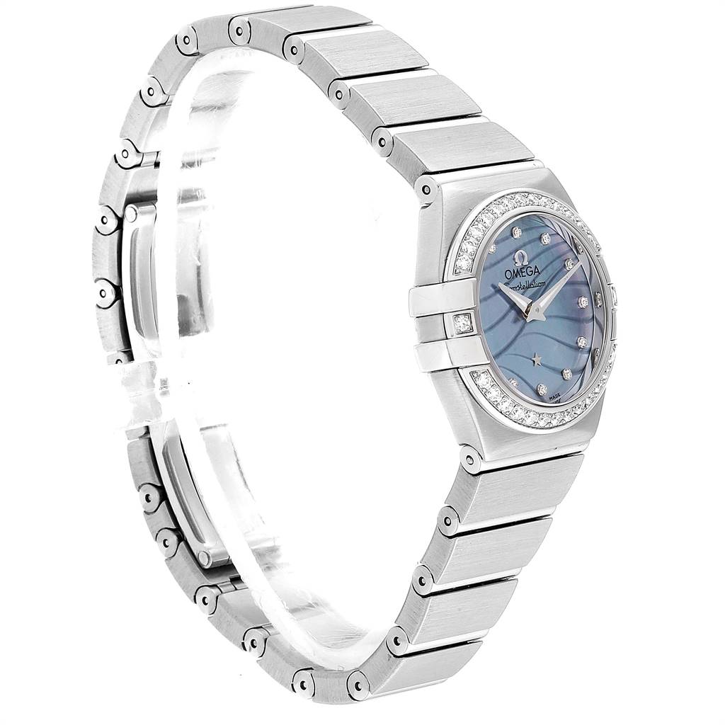 This image shows a side angle of the Omega 123.15.24.60.57.001 Women's Stainless Steel Mother of Pearl Dial 123.15.24.60.57.001 Women's Stainless Steel Mother of Pearl Dial Constellation Quartz 24 MOP Diamond Watch 123.15.24.60.57.001, highlighting its bracelet and face.