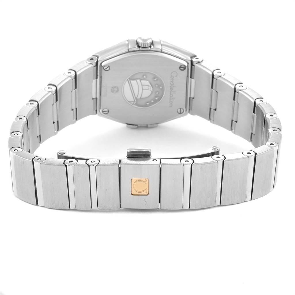 The image shows the backside and bracelet of the Omega 123.15.24.60.57.001 Women's Stainless Steel Mother of Pearl Dial 123.15.24.60.57.001 Women's Stainless Steel Mother of Pearl Dial Constellation Quartz 24 MOP Diamond Watch 123.15.24.60.57.001.