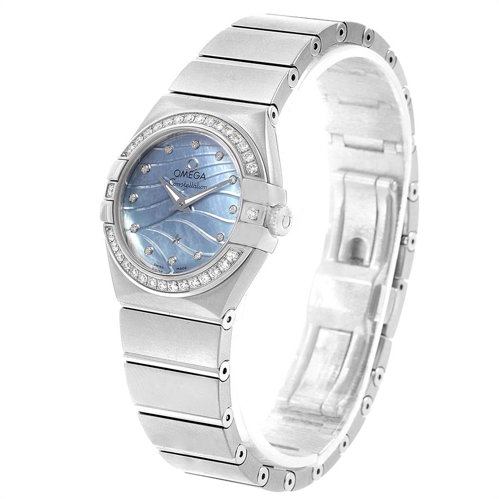 This Omega 123.15.24.60.57.001 Women's Stainless Steel Mother of Pearl Dial 123.15.24.60.57.001 Women's Stainless Steel Mother of Pearl Dial Constellation Quartz 24 MOP Diamond Watch model 123.15.24.60.57.001 is displayed at a three-quarter angle showing the watch face and band.