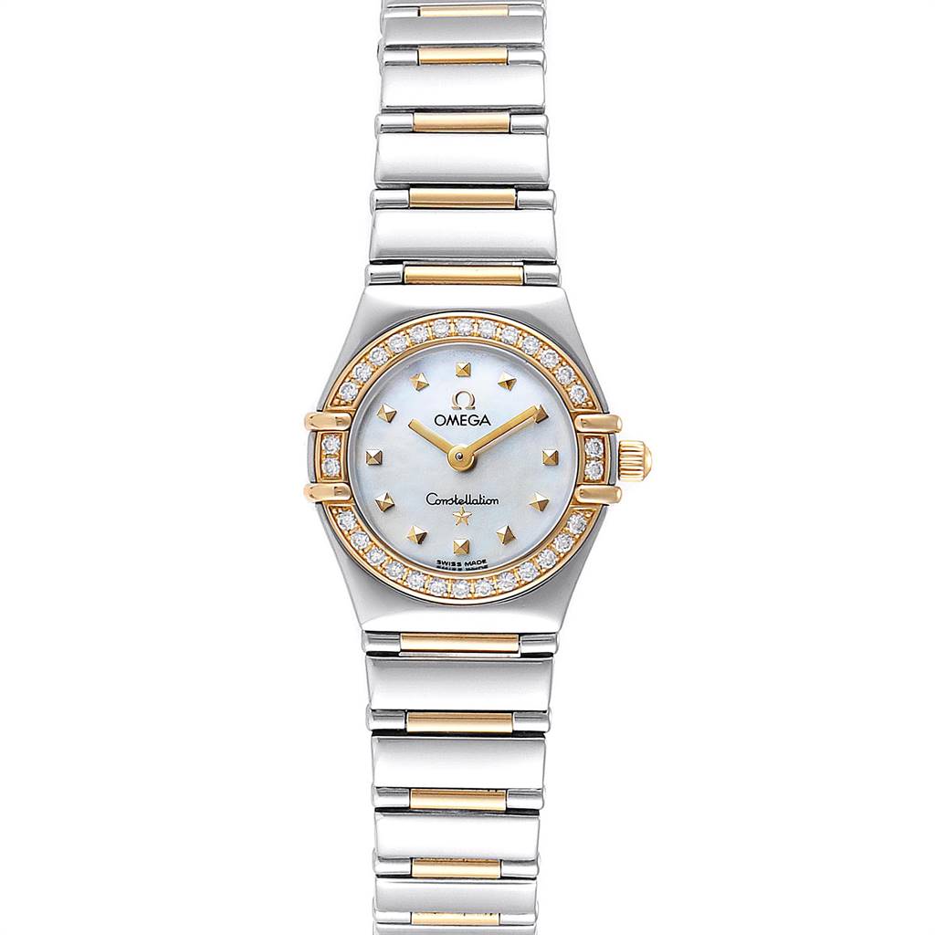 The image shows a front view of the Omega 1365.71.00 Women's Steel and Gold (two tone) Mother of Pearl Dial 1365.71.00 Women's Steel and Gold (two tone) Mother of Pearl Dial Constellation Steel Yellow Gold Diamond Ladies Watch 1365.71.00, highlighting its dial, bezel, and bracelet.
