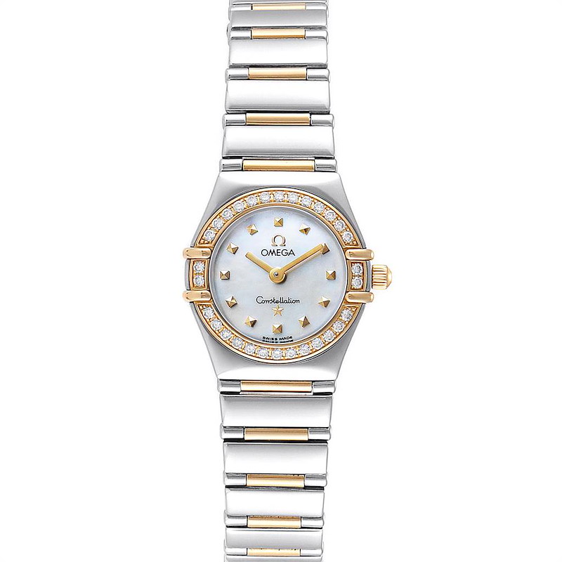 The image shows a front view of the Omega Constellation Steel Yellow Gold Diamond Ladies Watch 1365.71.00, highlighting its dial, bezel, and bracelet.