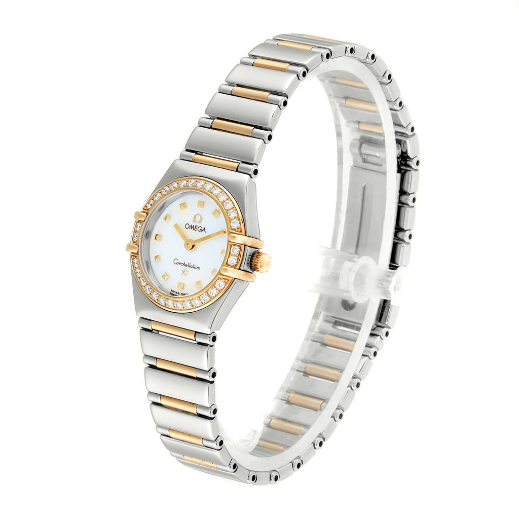 The Omega 1365.71.00 Women's Steel and Gold (two tone) Mother of Pearl Dial 1365.71.00 Women's Steel and Gold (two tone) Mother of Pearl Dial Constellation Steel Yellow Gold Diamond Ladies Watch 1365.71.00 is shown at a slight angle, highlighting its bracelet and diamond bezel.