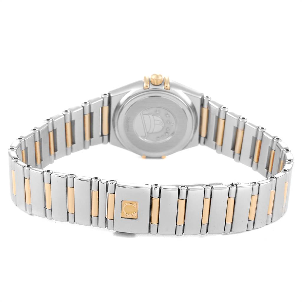 The image shows the back view of the Omega 1365.71.00 Women's Steel and Gold (two tone) Mother of Pearl Dial 1365.71.00 Women's Steel and Gold (two tone) Mother of Pearl Dial Constellation Steel Yellow Gold Diamond Ladies Watch 1365.71.00, highlighting its bracelet and clasp.
