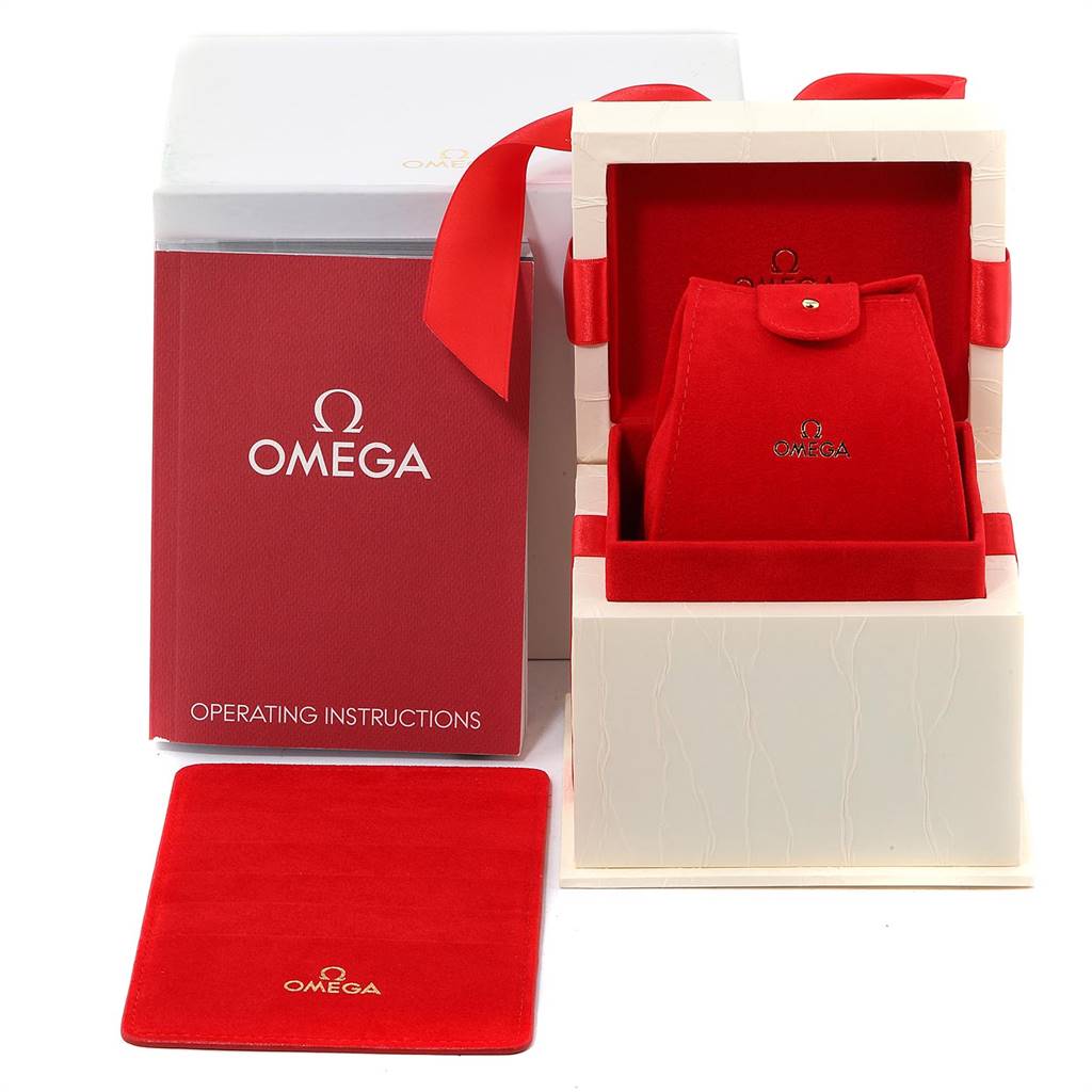 The image shows the Omega 1365.71.00 Women's Steel and Gold (two tone) Mother of Pearl Dial 1365.71.00 Women's Steel and Gold (two tone) Mother of Pearl Dial Constellation Steel Yellow Gold Diamond Ladies Watch 1365.71.00 packaging, including a box, operating instructions, and a watch pouch.