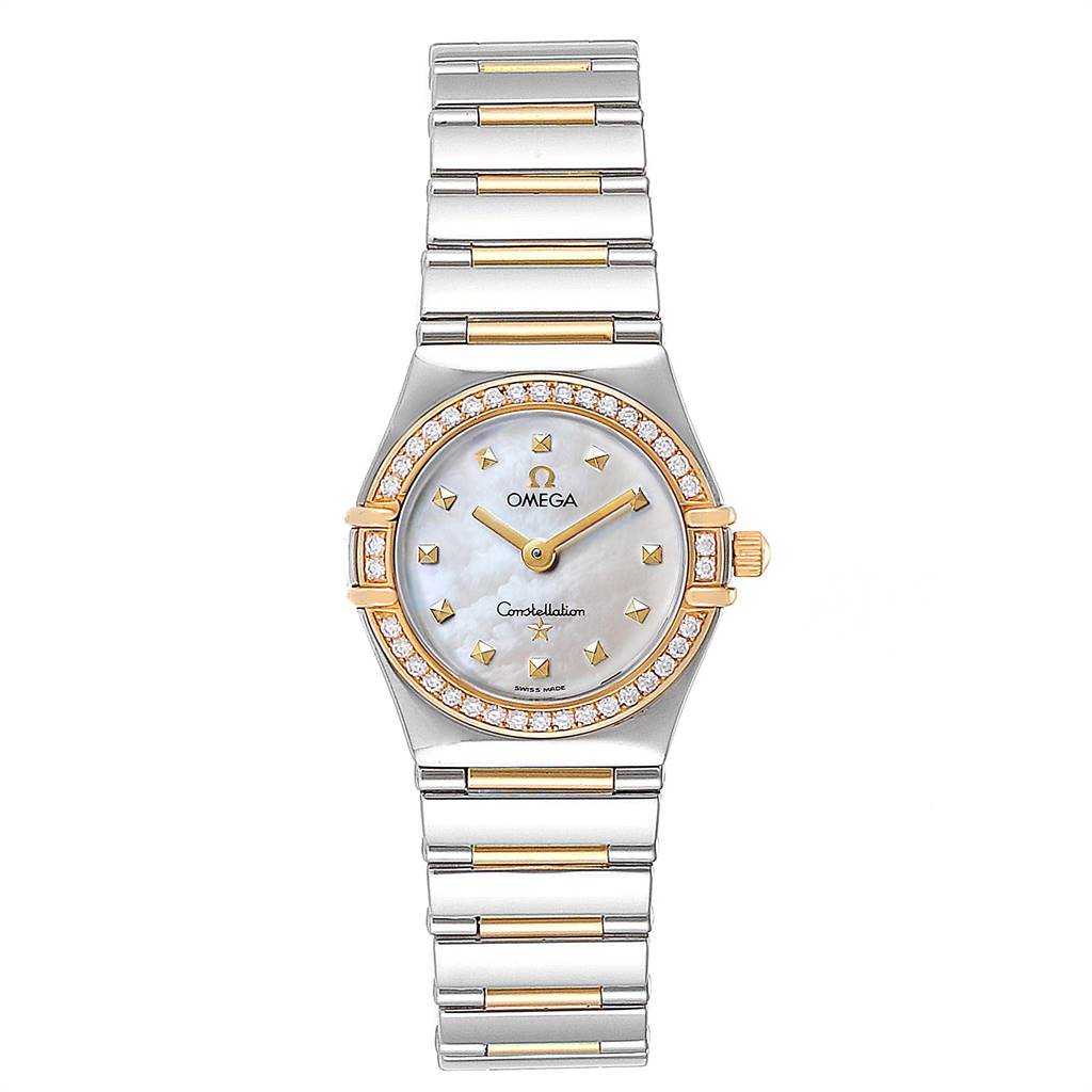The Omega 1376.71.00 Women
s Steel and Gold (two tone) Mother of Pearl Dial 1376.71.00 Women
s Steel and Gold (two tone) Mother of Pearl Dial Constellation My Choice Steel Yellow Gold Diamond Watch 1376.71.00 is shown from a front angle, displaying the face, case, and bracelet.