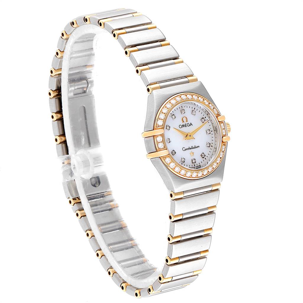 This Omega 1367.75.00 Women
s Steel and Gold (two tone) Mother of Pearl Dial 1367.75.00 Women
s Steel and Gold (two tone) Mother of Pearl Dial Constellation Steel Yellow Gold Diamond Ladies 1367.75.00 watch is shown from a front angle, highlighting its bracelet and face.