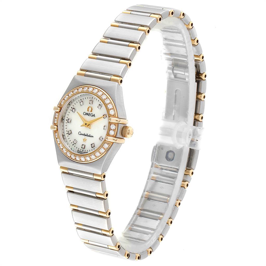 The Omega 1367.75.00 Women
s Steel and Gold (two tone) Mother of Pearl Dial 1367.75.00 Women
s Steel and Gold (two tone) Mother of Pearl Dial Constellation Steel Yellow Gold Diamond Ladies 1367.75.00 watch is shown at an angle displaying the face, bezel, and strap.