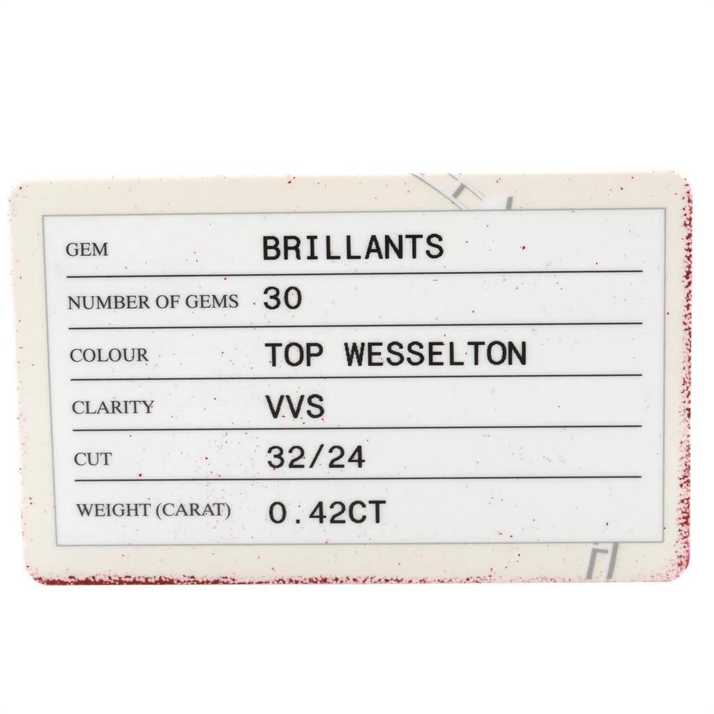 The image shows a gem specification card for the Omega 1367.75.00 Women
s Steel and Gold (two tone) Mother of Pearl Dial 1367.75.00 Women
s Steel and Gold (two tone) Mother of Pearl Dial Constellation Steel Yellow Gold Diamond Ladies 1367.75.00 model.