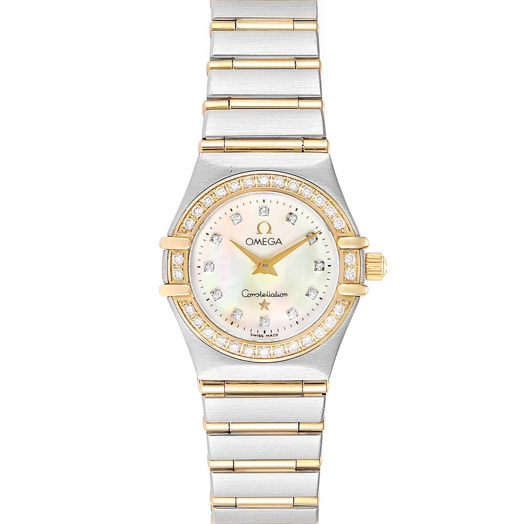 This image shows a frontal view of the Omega 1267.75.00 Women's Steel and Gold (two tone) Mother of Pearl Dial 1267.75.00 Women's Steel and Gold (two tone) Mother of Pearl Dial Constellation 95 Mother of Pearl Diamond Ladies Watch 1267.75.00.
