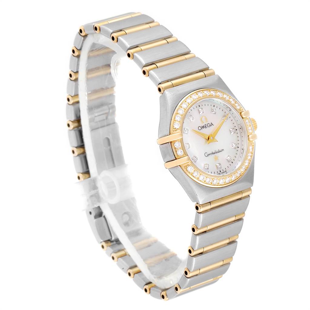 The image shows an angled view of the Omega 1267.75.00 Women's Steel and Gold (two tone) Mother of Pearl Dial 1267.75.00 Women's Steel and Gold (two tone) Mother of Pearl Dial Constellation 95 Mother of Pearl Diamond Ladies Watch 1267.75.00, highlighting its face, bezel, and band.