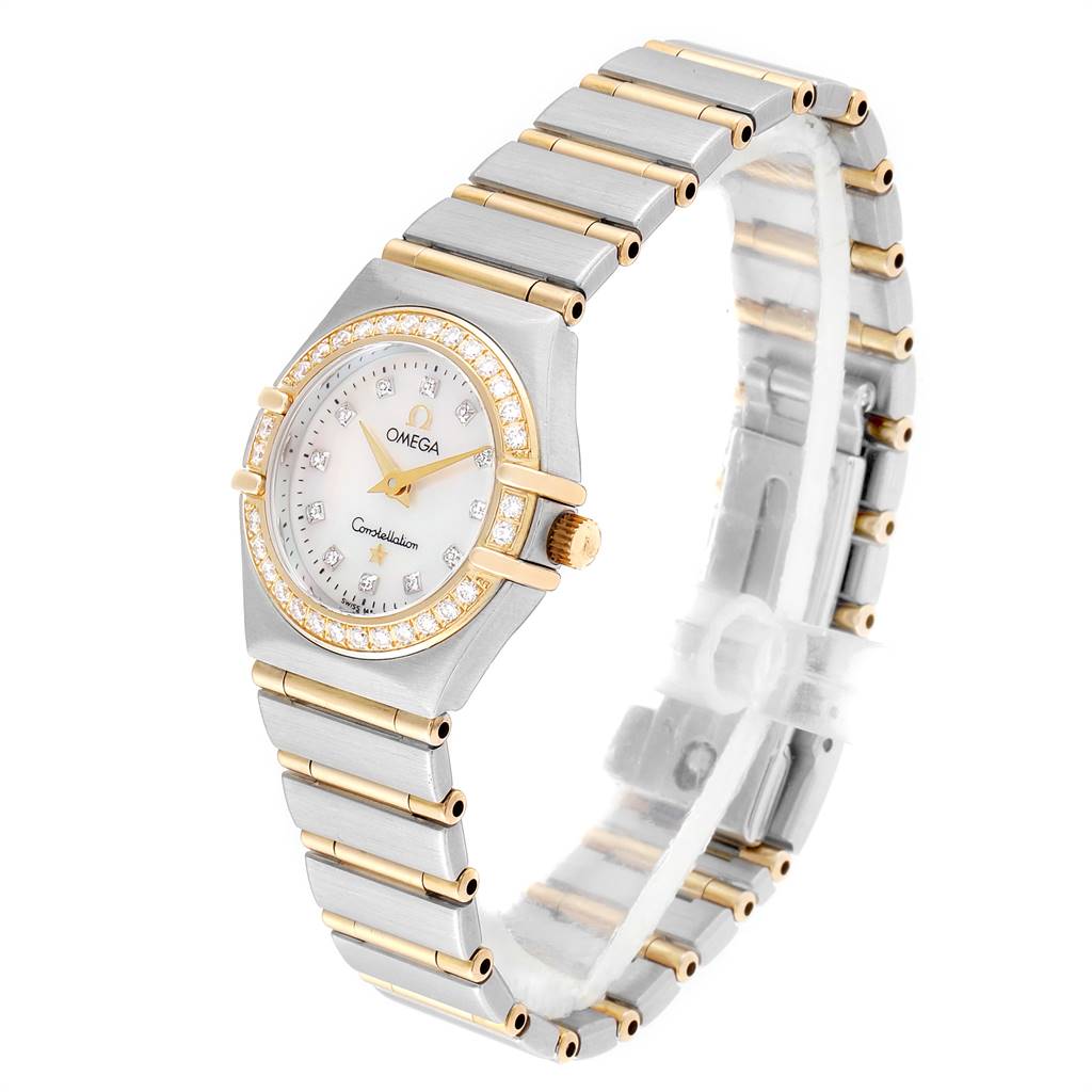 The image shows a side angled view of the Omega 1267.75.00 Women's Steel and Gold (two tone) Mother of Pearl Dial 1267.75.00 Women's Steel and Gold (two tone) Mother of Pearl Dial Constellation 95 Mother of Pearl Diamond Ladies Watch 1267.75.00, highlighting its face and bracelet.