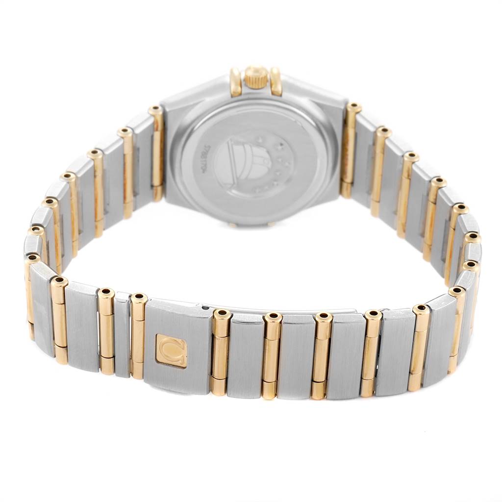 The image shows the back view of the Omega 1267.75.00 Women's Steel and Gold (two tone) Mother of Pearl Dial 1267.75.00 Women's Steel and Gold (two tone) Mother of Pearl Dial Constellation 95 Mother of Pearl Diamond Ladies Watch 1267.75.00, focusing on the bracelet and case back.