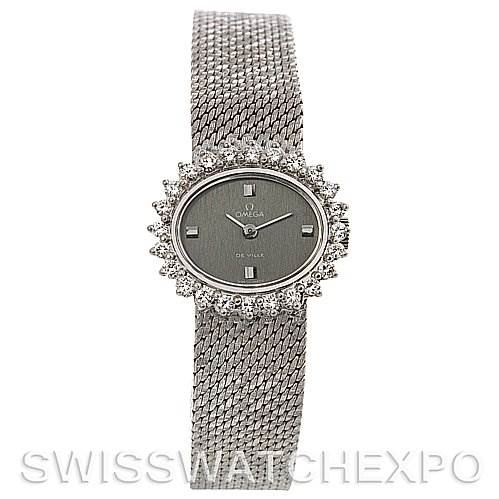 The image shows a front view of the Omega 8238 Women's White Gold Grey Dial 8238 Women's White Gold Grey Dial Deville Vintage Ladies 18k White Gold Diamond Watch, highlighting its dial and mesh bracelet.