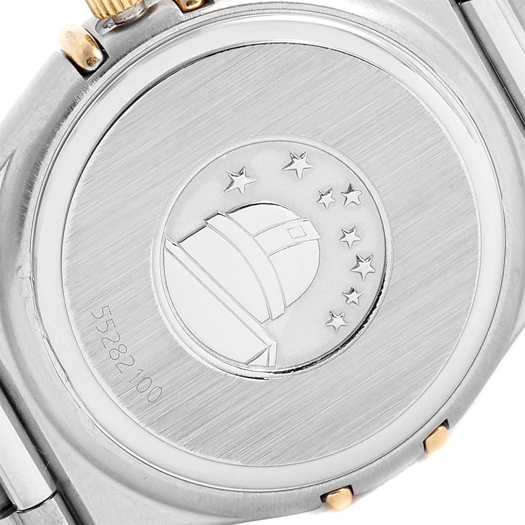 This image shows the back case of the Omega 1377.75.00 Women's Steel and Gold (two tone) Mother of Pearl Dial 1377.75.00 Women's Steel and Gold (two tone) Mother of Pearl Dial Constellation My Choice Steel Yellow Gold Diamond Watch 1377.75.00.