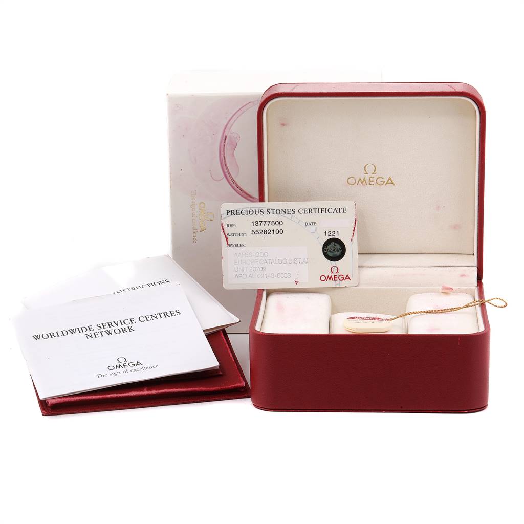 The image shows the box, certificates, and manuals for the Omega 1377.75.00 Women's Steel and Gold (two tone) Mother of Pearl Dial 1377.75.00 Women's Steel and Gold (two tone) Mother of Pearl Dial Constellation My Choice Steel Yellow Gold Diamond Watch 1377.75.00 model.