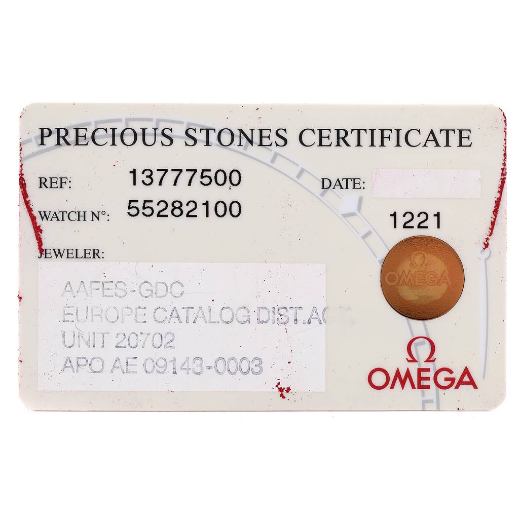 This image shows a Precious Stones Certificate for the Omega 1377.75.00 Women's Steel and Gold (two tone) Mother of Pearl Dial 1377.75.00 Women's Steel and Gold (two tone) Mother of Pearl Dial Constellation My Choice Steel Yellow Gold Diamond Watch, model 1377.75.00.