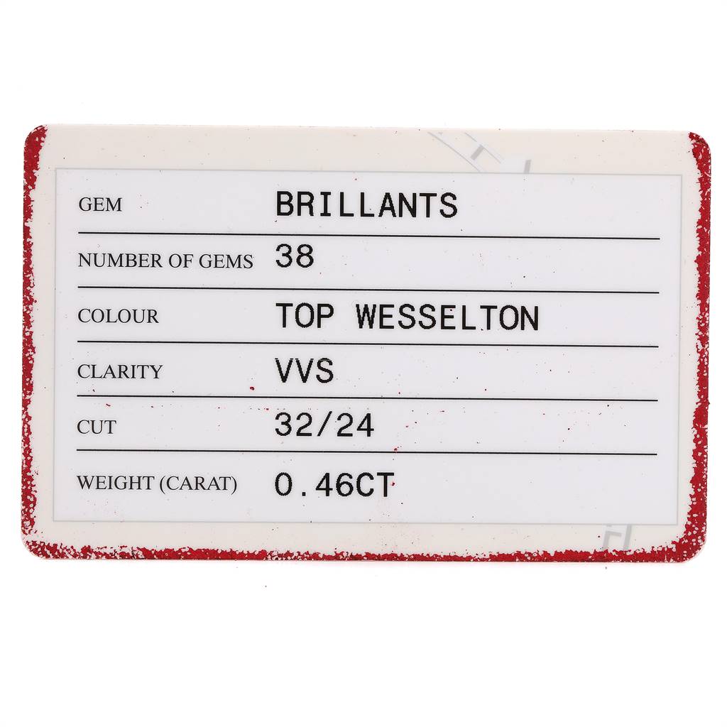 The image shows a certificate specifying details of the diamonds for the Omega 1377.75.00 Women's Steel and Gold (two tone) Mother of Pearl Dial 1377.75.00 Women's Steel and Gold (two tone) Mother of Pearl Dial Constellation My Choice 1377.75.00 watch.