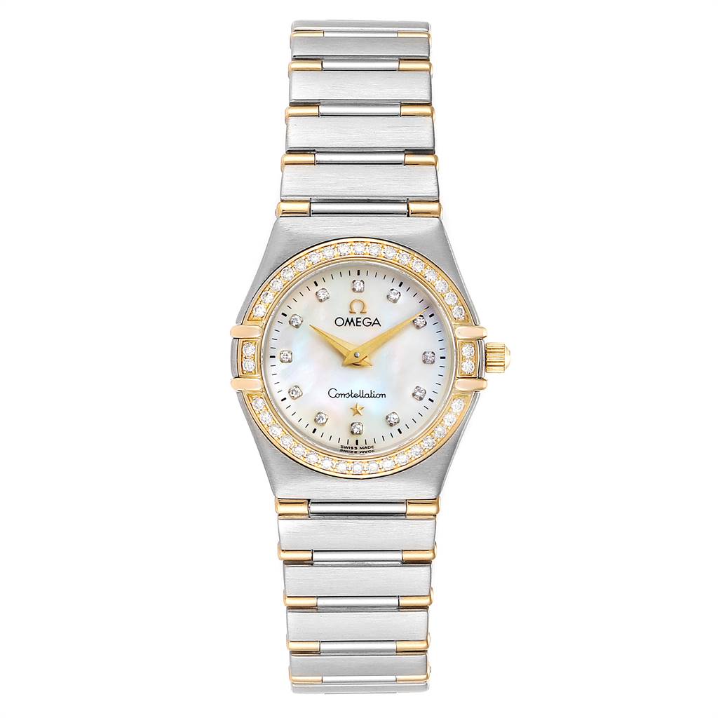This Omega 1377.75.00 Women's Steel and Gold (two tone) Mother of Pearl Dial 1377.75.00 Women's Steel and Gold (two tone) Mother of Pearl Dial Constellation My Choice Steel Yellow Gold Diamond Watch 1377.75.00 is shown from a front angle, displaying its dial and bracelet.