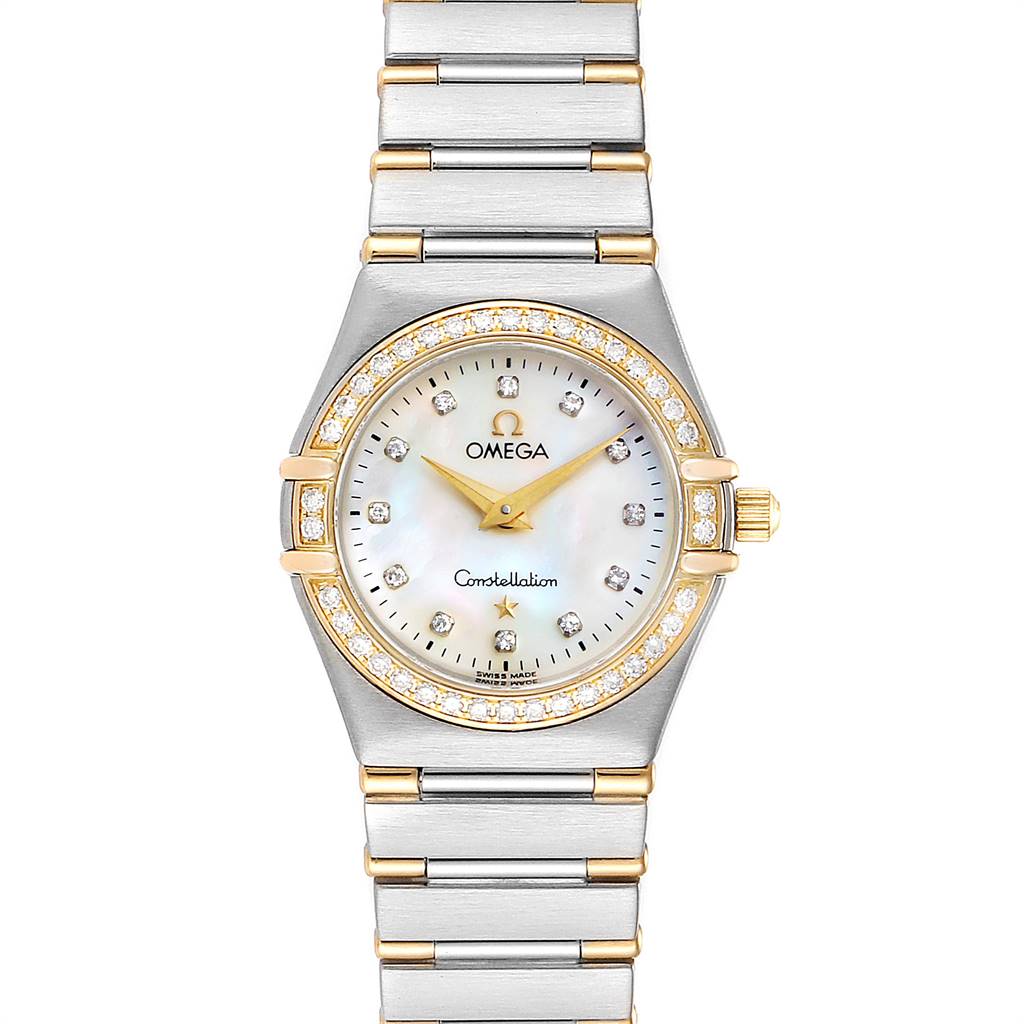 This image shows the front view of the Omega 1377.75.00 Women's Steel and Gold (two tone) Mother of Pearl Dial 1377.75.00 Women's Steel and Gold (two tone) Mother of Pearl Dial Constellation My Choice Steel Yellow Gold Diamond Watch 1377.75.00 model.