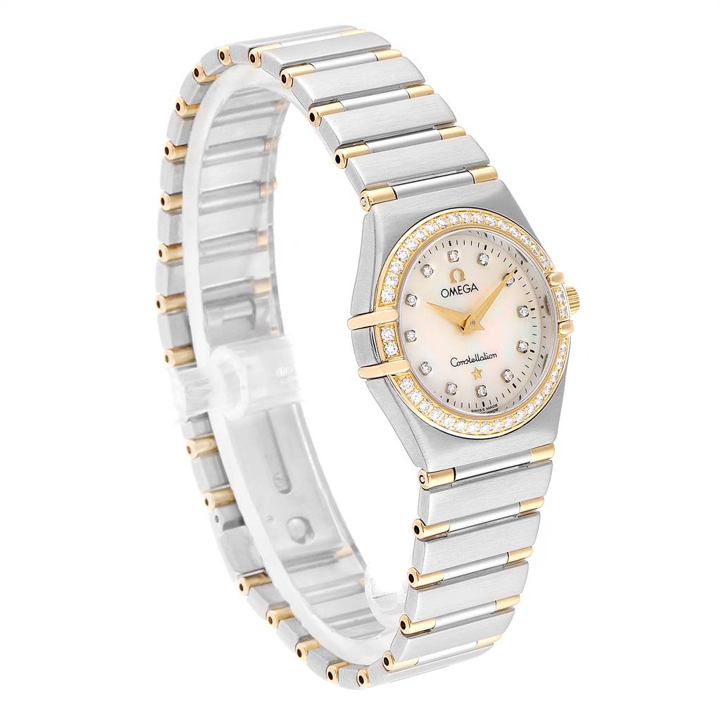 The image shows an oblique angle of the Omega 1377.75.00 Women's Steel and Gold (two tone) Mother of Pearl Dial 1377.75.00 Women's Steel and Gold (two tone) Mother of Pearl Dial Constellation My Choice Steel Yellow Gold Diamond Watch 1377.75.00, highlighting its face and band.