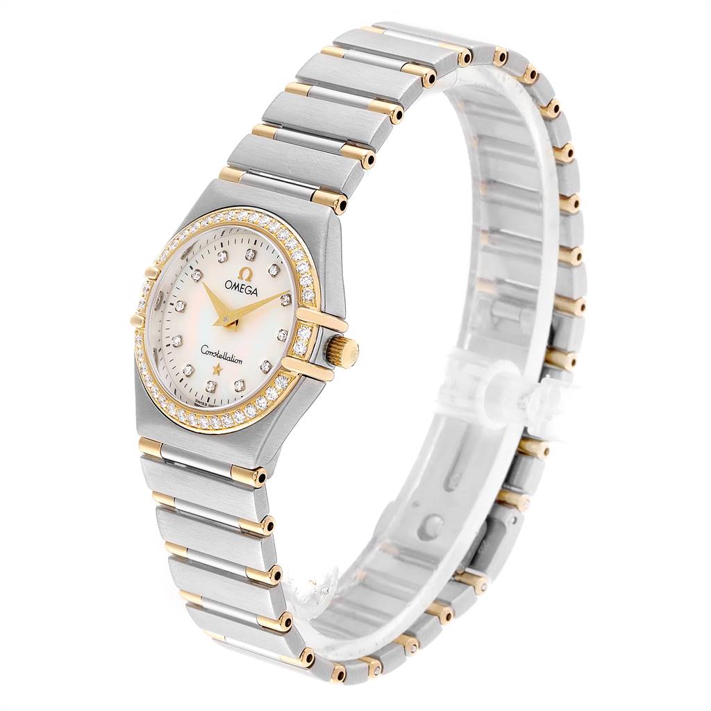 This image shows an angled view of an Omega 1377.75.00 Women's Steel and Gold (two tone) Mother of Pearl Dial 1377.75.00 Women's Steel and Gold (two tone) Mother of Pearl Dial Constellation My Choice Steel Yellow Gold Diamond Watch 1377.75.00, highlighting the bracelet and face.