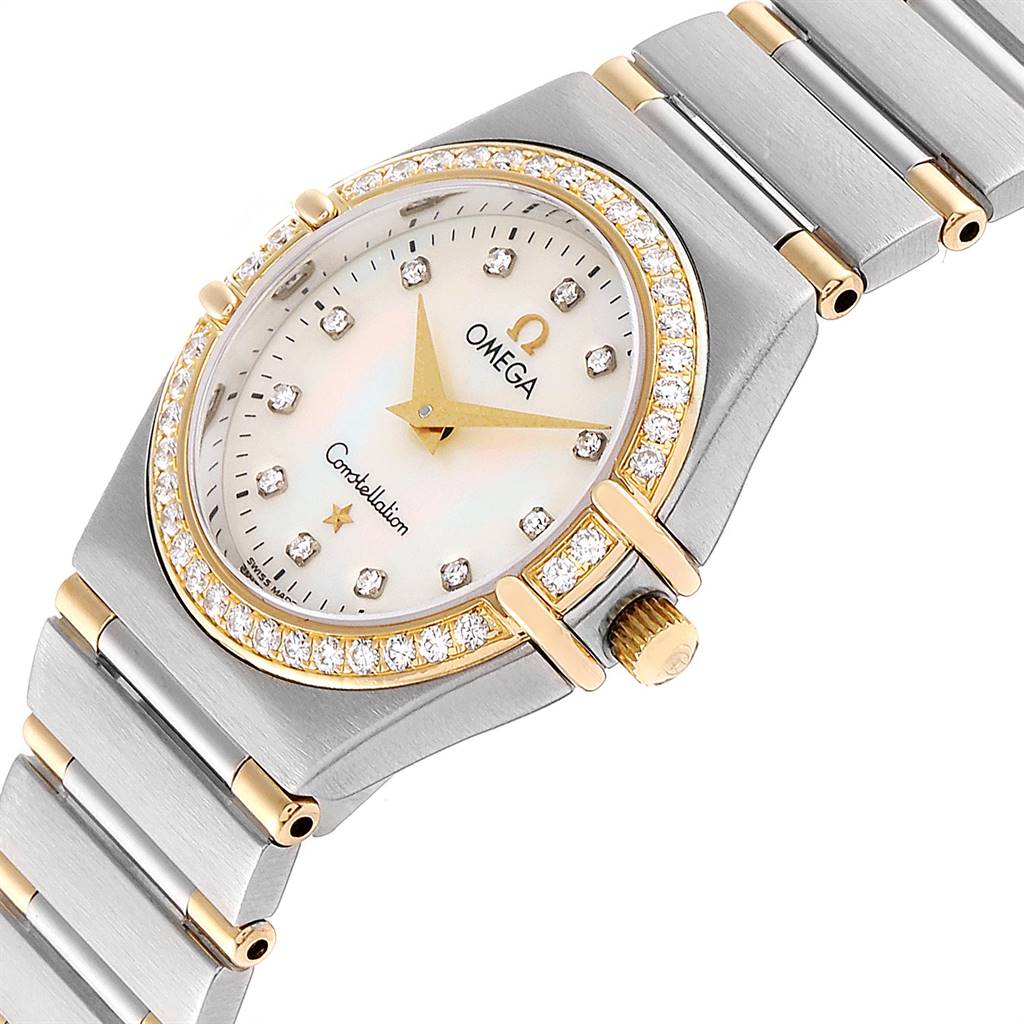 The image shows an angled view of the Omega 1377.75.00 Women's Steel and Gold (two tone) Mother of Pearl Dial 1377.75.00 Women's Steel and Gold (two tone) Mother of Pearl Dial Constellation My Choice Steel Yellow Gold Diamond Watch 1377.75.00, highlighting the face and band.
